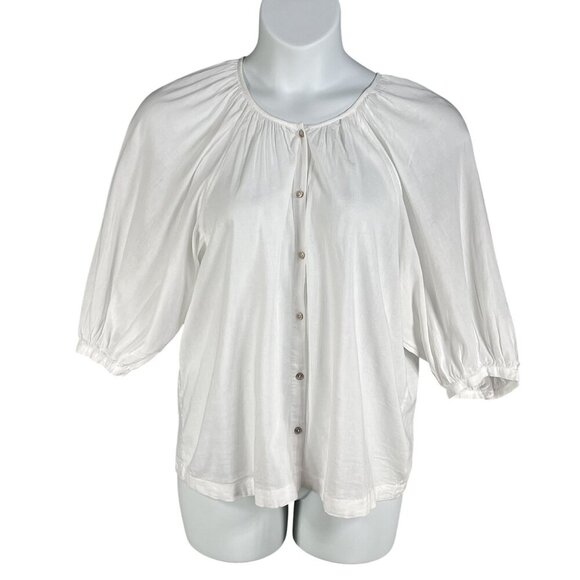 LC Lauren Conrad Women S White Button Front Blouse 3/4 Balloon Sleeves Lagenlook - Picture 7 of 14